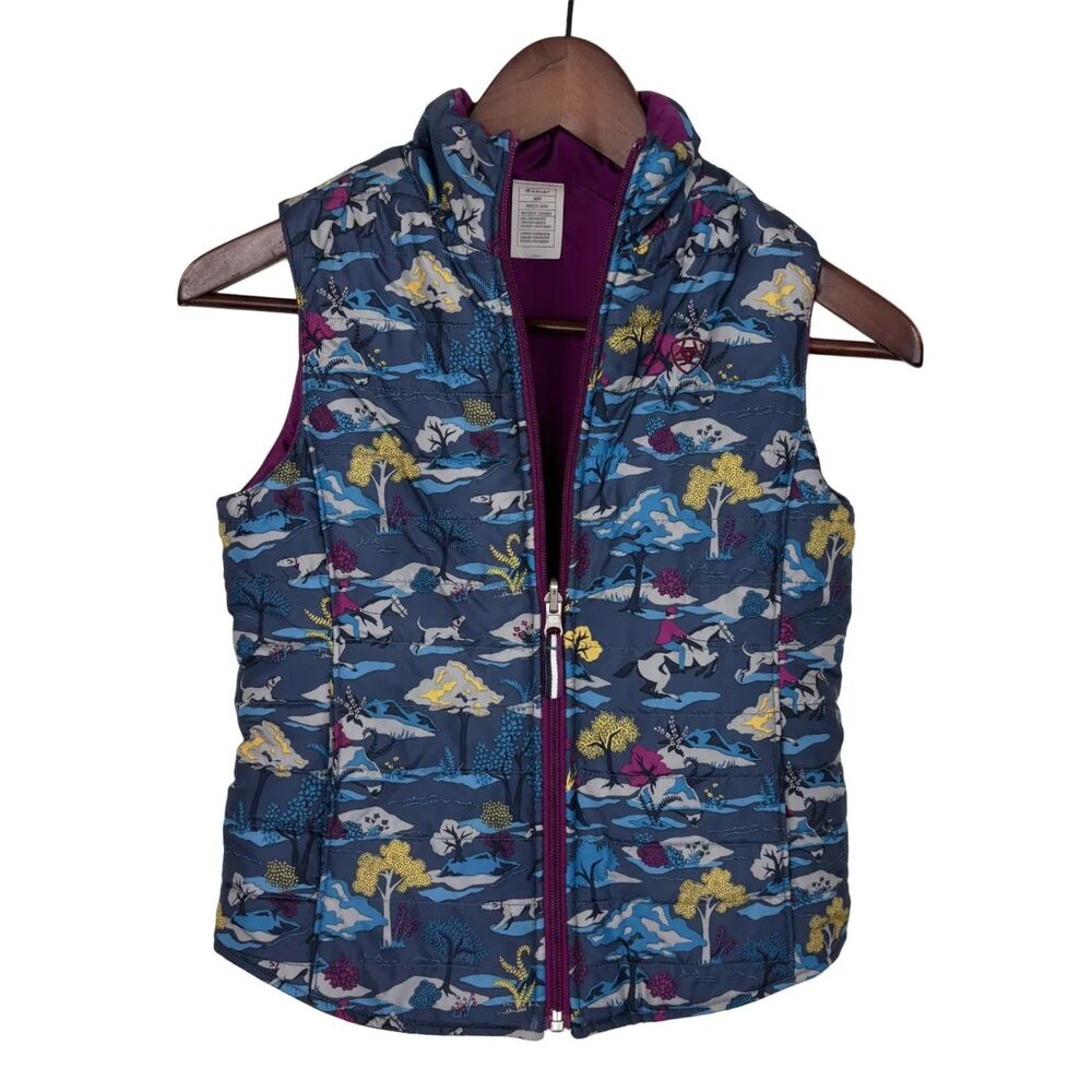 Ariat Blue Equestrian Horse Dog Print Purple Reversible Vest Girls Medium